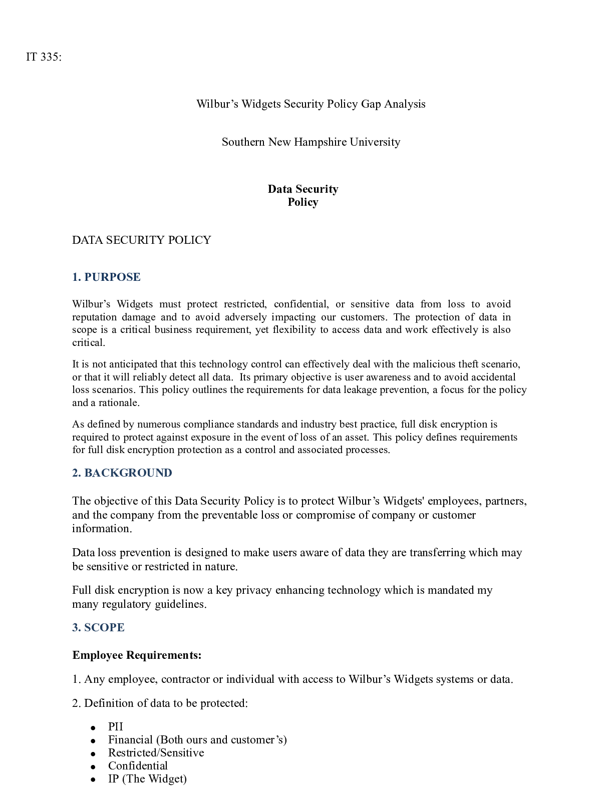 Preview image for IT 335 Milestone 5|  IT 335:   Wilbur™s Widgets Security Policy Gap Analysis  Southern